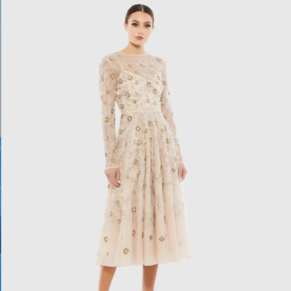 NEW sz 6 Mac Duggal Beige Beaded Illusion High Neck Long Sleeve A Line Dress - Picture 1 of 4